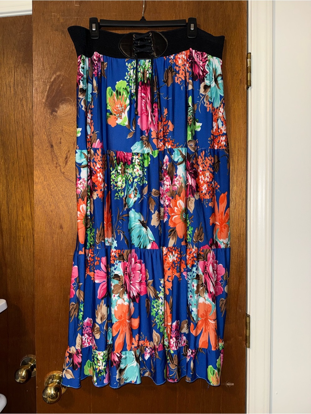 Floral Tiered Maxi Skirt with Black Lace-Up Waistband